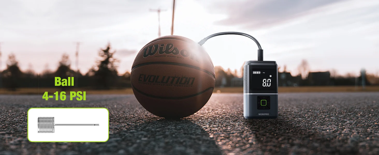 Inflatable ball and portable air pump on a road surface, with innovation and secure, durable, quality design