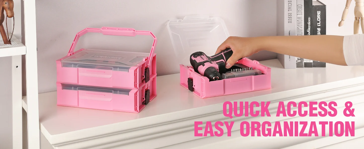 Pink tool case with a hand placing a drill inside, showing innovation and convenient organization on a shelf