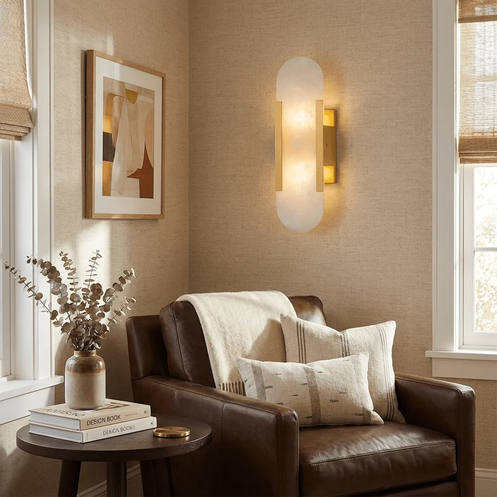 Artisan Alabaster Wall Light with Elegant Brass Accents - Image 12