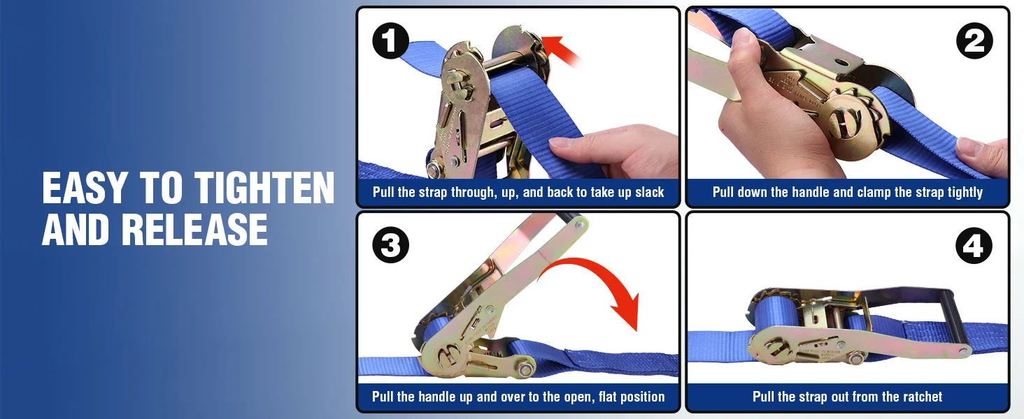 Ratchet tie down strap mechanism with step panels showing how to tighten and release with secure durable quality