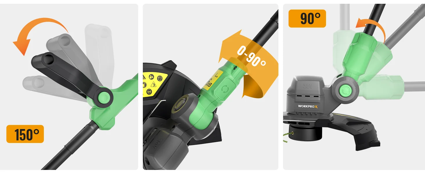 Cordless power tool head with green handle, showing innovation and quality, durable and secure 90 and 150 angles