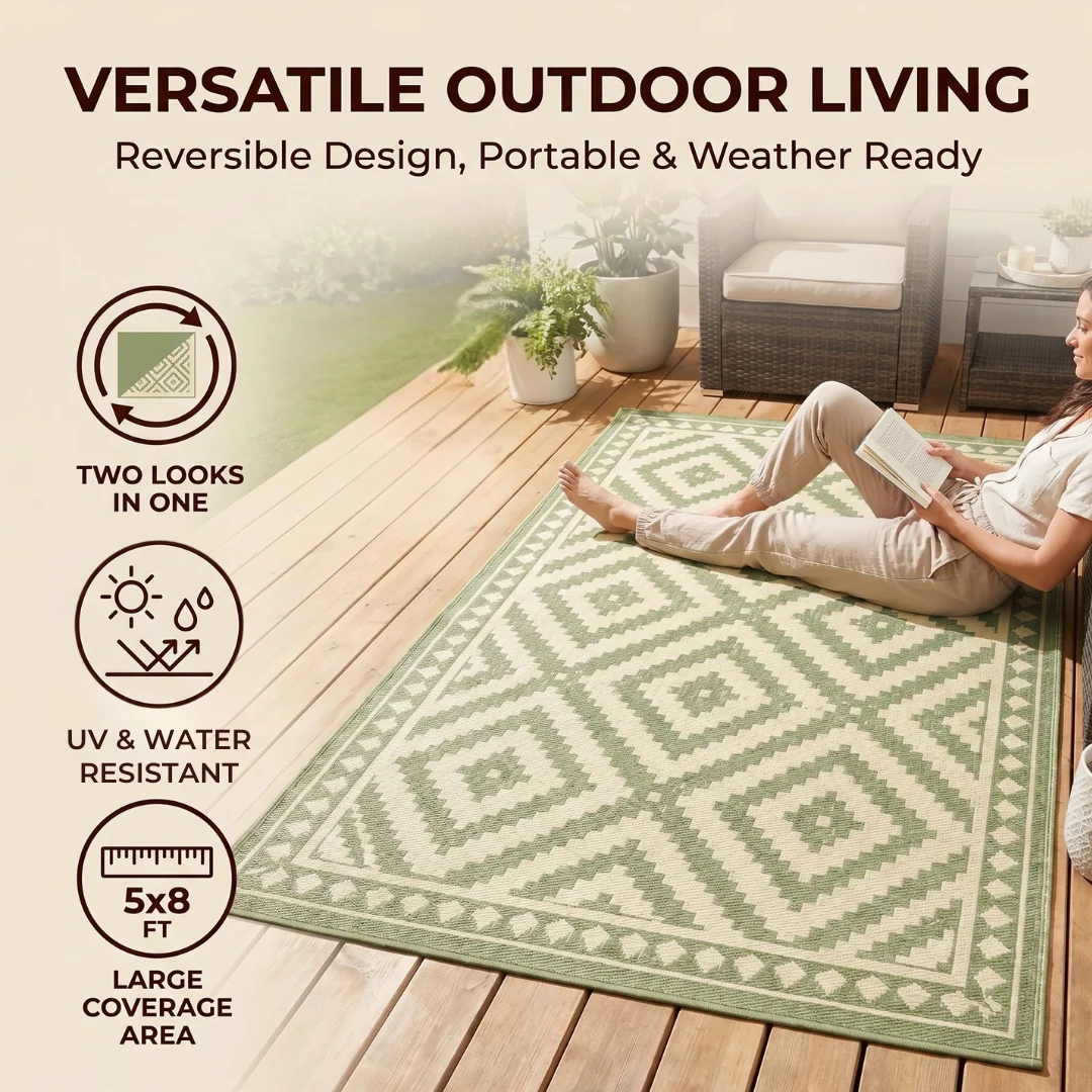 5x8 ft Reversible Outdoor Polypropylene Rug for Patio Porch Deck