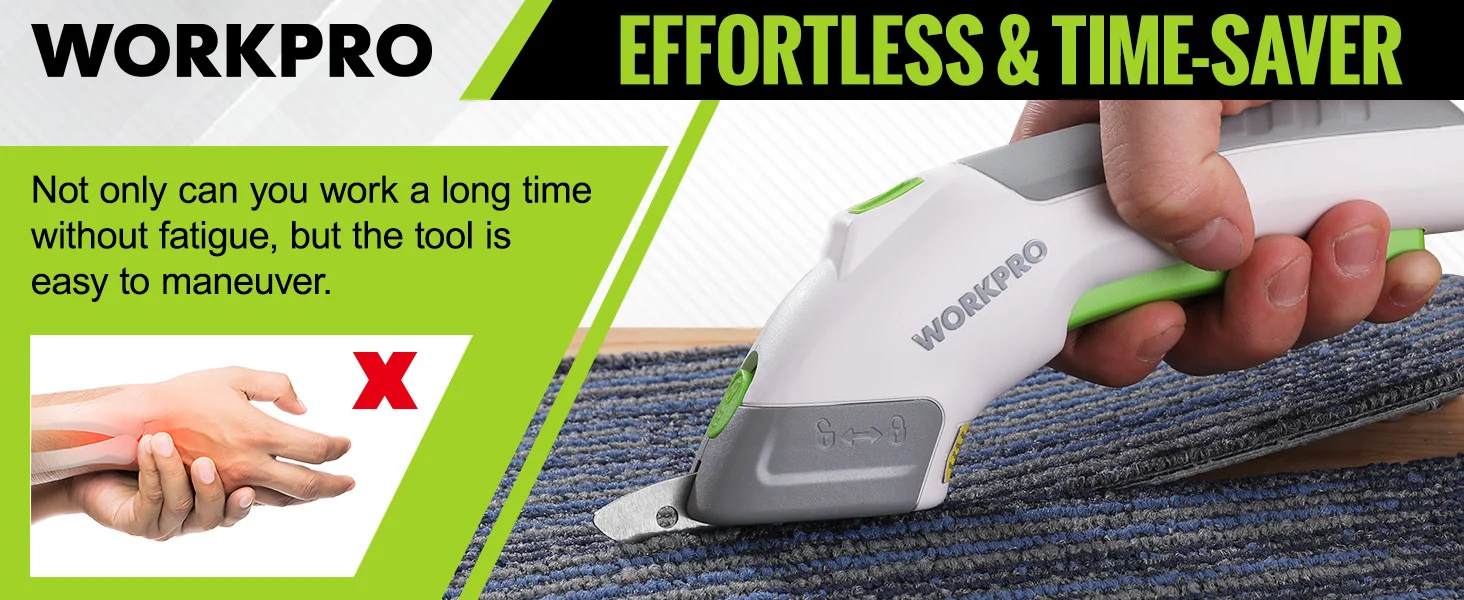 WORKPRO cordless stapler innovation and quality on blue carpet with a hand pressing the tool