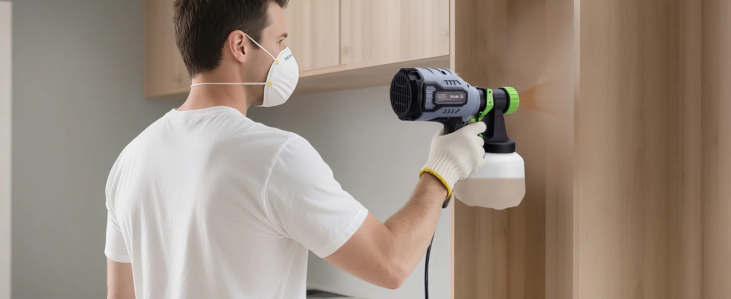 Worker wearing a face mask uses a cordless power sprayer with a white nozzle on light wood cabinets