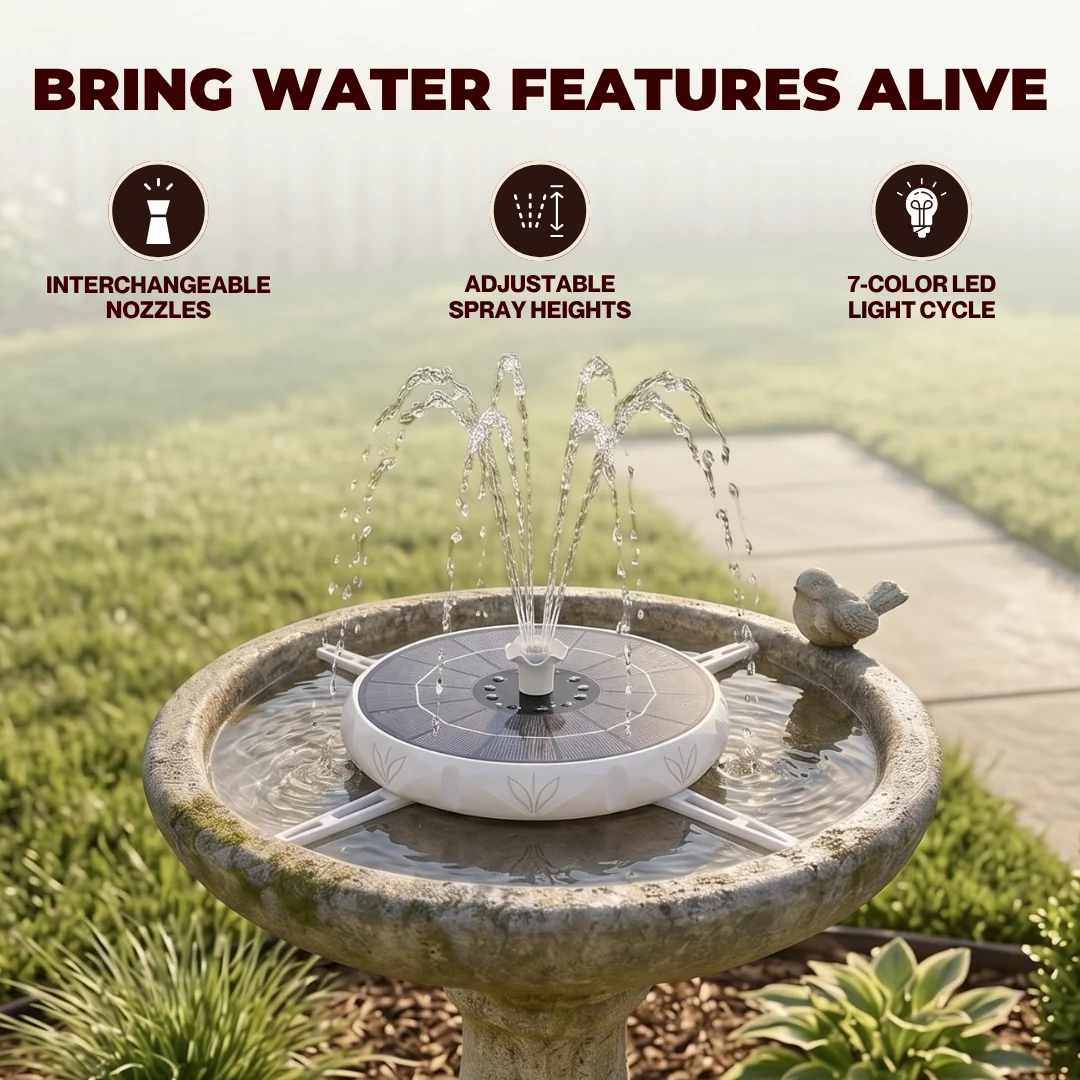 Solar Bird Bath Fountain with LED Lights and Adjustable Spray Patterns