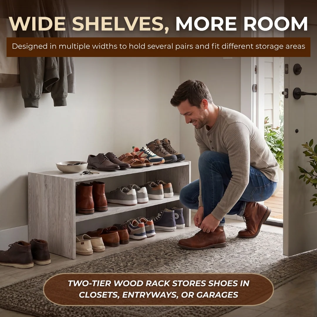 Two-Tier Shoe Organizer Wide Wood Storage Rack for Home Use, 24/28/32 in