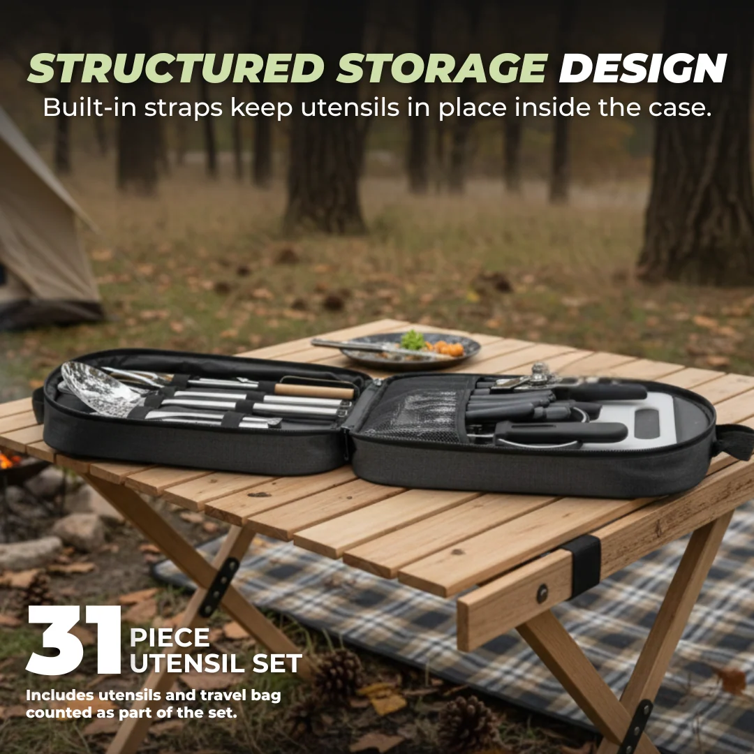 Stainless Steel Outdoor Cooking Utensil Kit with Case, 31-Piece
