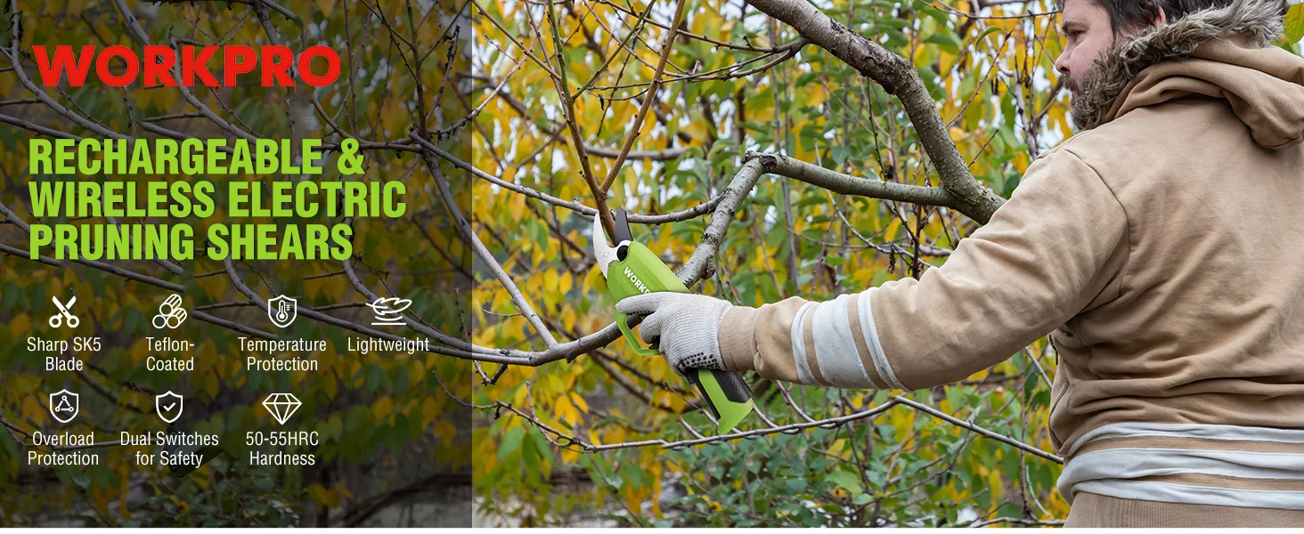 Man pruning branches with green electric pruning shears in autumn garden, with WORKPRO text overlay