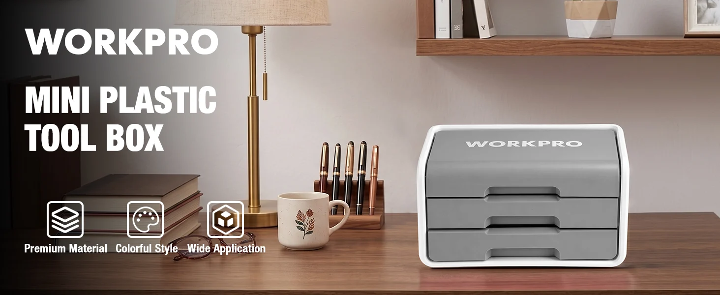 Workpro mini plastic tool box on a desk with pens, books, and a lamp, showing innovation and quality