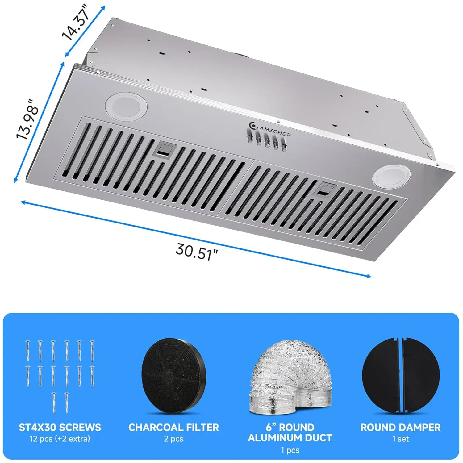 AMZCHEF Range Hood with 3-Speed Stainless Steel Kitchen Vent | 30 Inch Push Button - Image 2
