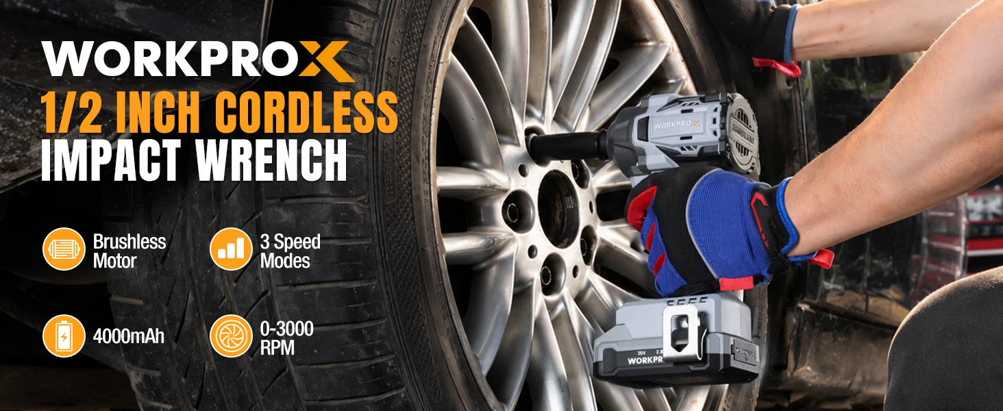 Innovation and quality impact wrench on a car wheel, with high-quality cordless tool and blue glove