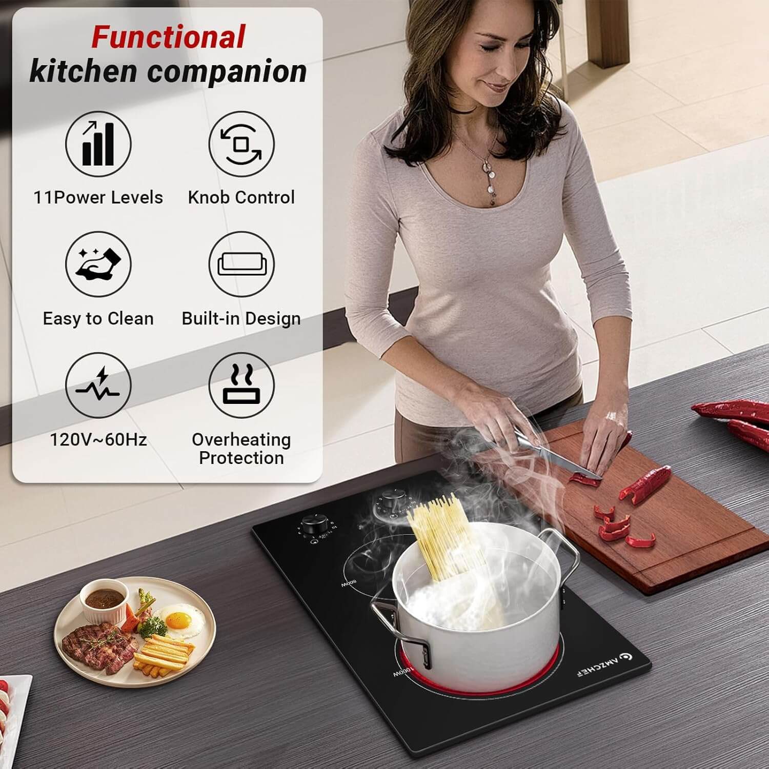 AMZCHEF 1800W Electric Cooktop 2 Burner Radiant Ceramic Stove with Knob Control —LT2V-31 4