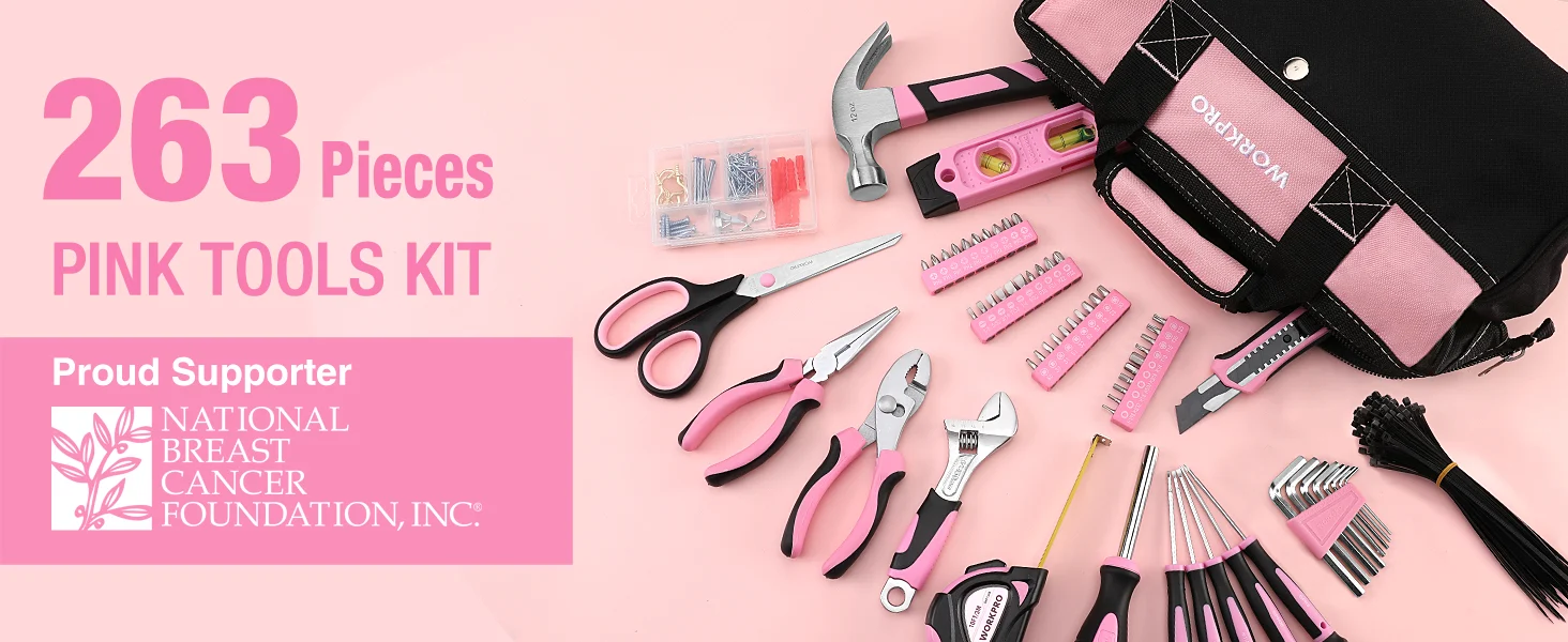 Pink tools kit with 26 3 pieces, including pliers, screwdriver bits, and a tool roll on a pink background
