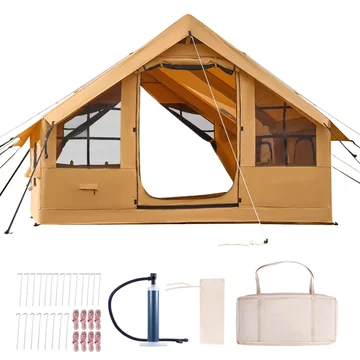 KFFKFF Inflatable Tent for Camping, 13.12 x 9.84 x 7.22 Ft Glamping Blow up Tent for 5-8 People, Air-Filled Camping Shelters, Outdoor Living Tent with Dual Sunroofs, Stove Jack