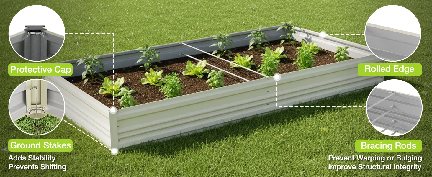 Raised garden bed on green grass with protective cap, rolled edge, ground stakes, and bracing rods for innovation