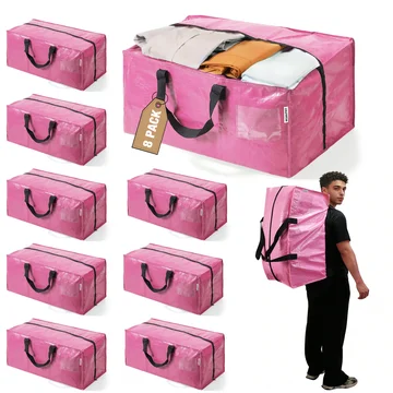 WORKPRO 8 Pack Extra Large Moving Bags with Zippers & Carrying Handles Backpack Straps, Heavy-Duty Storage Tote for Space Saving Moving Storage (Pink)