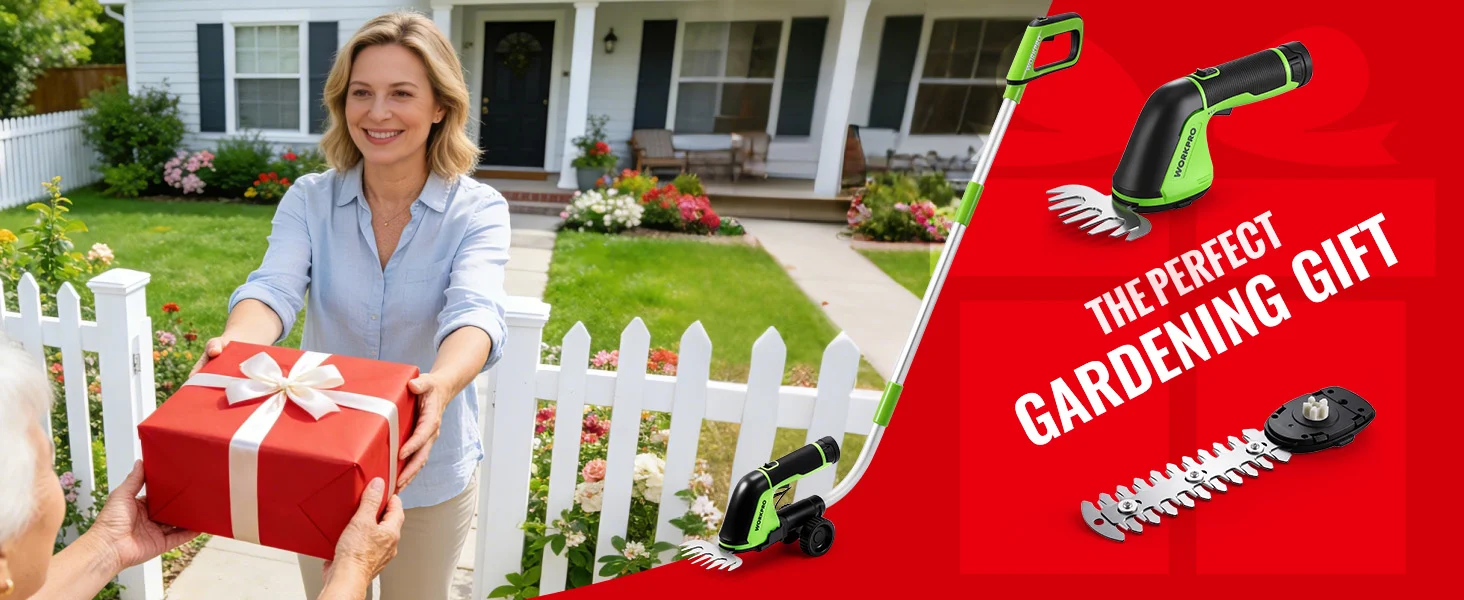 Woman holding a red gift box at a white house, with a green cordless tool graphic on the side