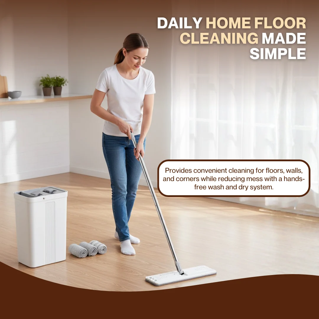 Flat Mop and Bucket Set with Long Handle, Wringer and Microfiber Pads