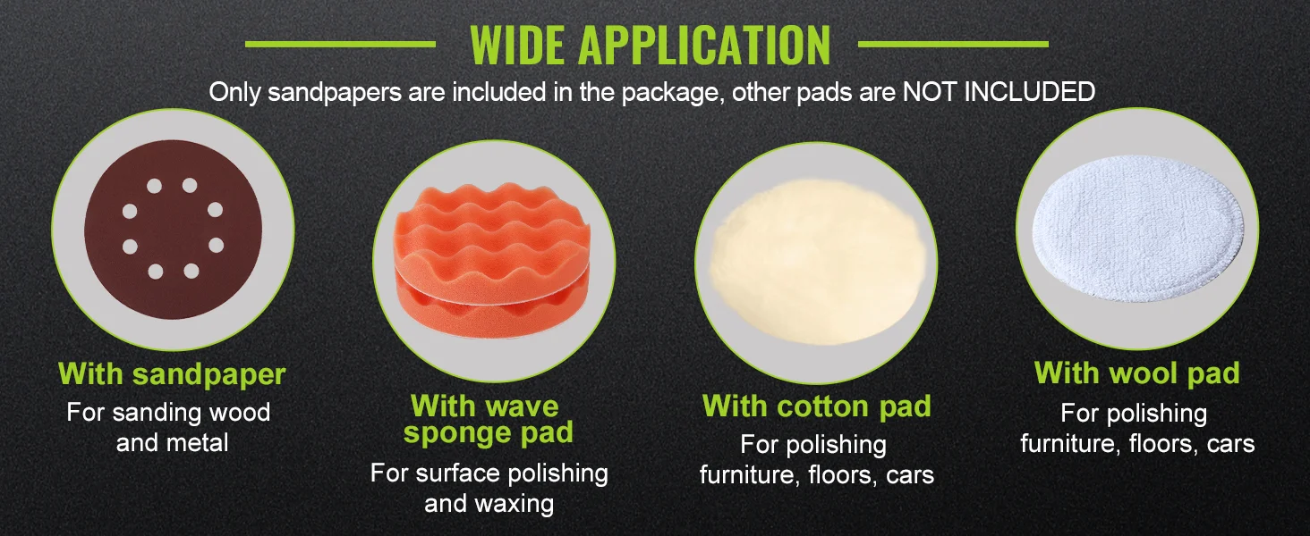 Sanding kit wide application panel showing sandpaper, wave sponge pad, cotton pad, and wool pad for polishing