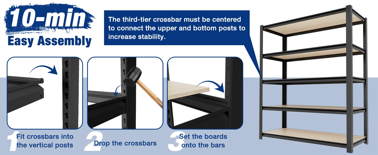 Metal shelving frame with crossbars and boards shown in assembly steps, with innovation and quality cues