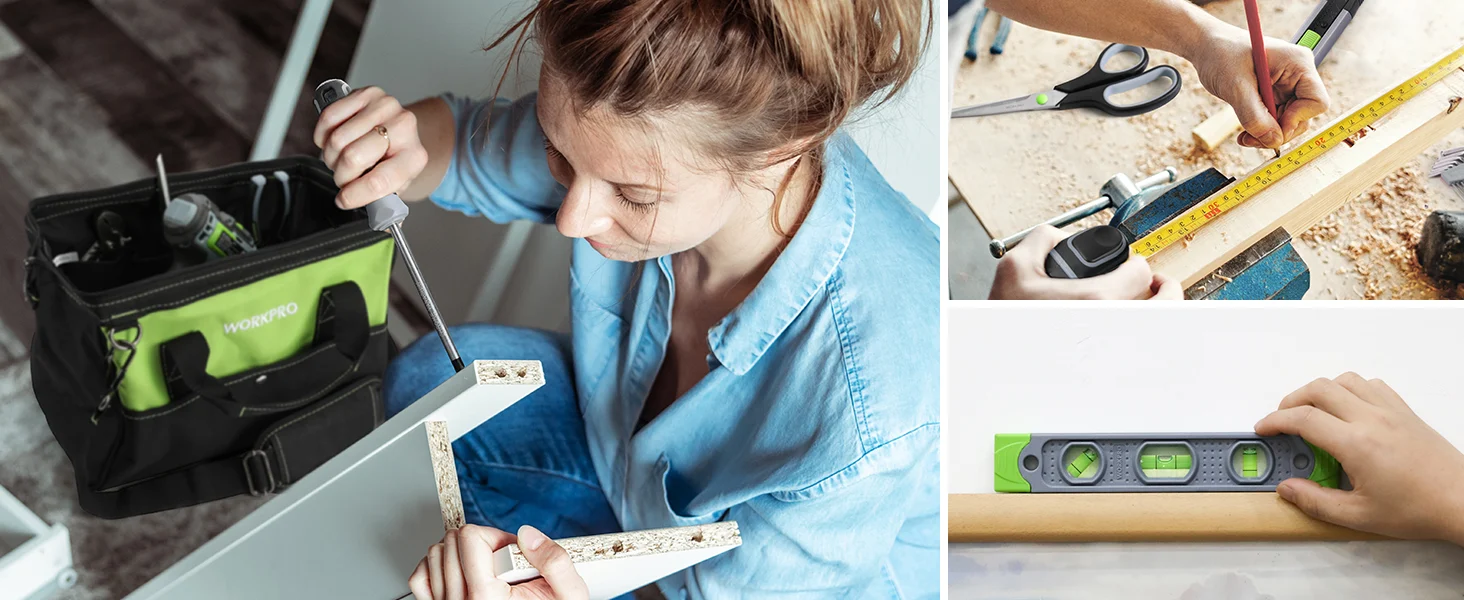 Worker installs a wooden frame with a level and tape measure, showing innovation and quality tools