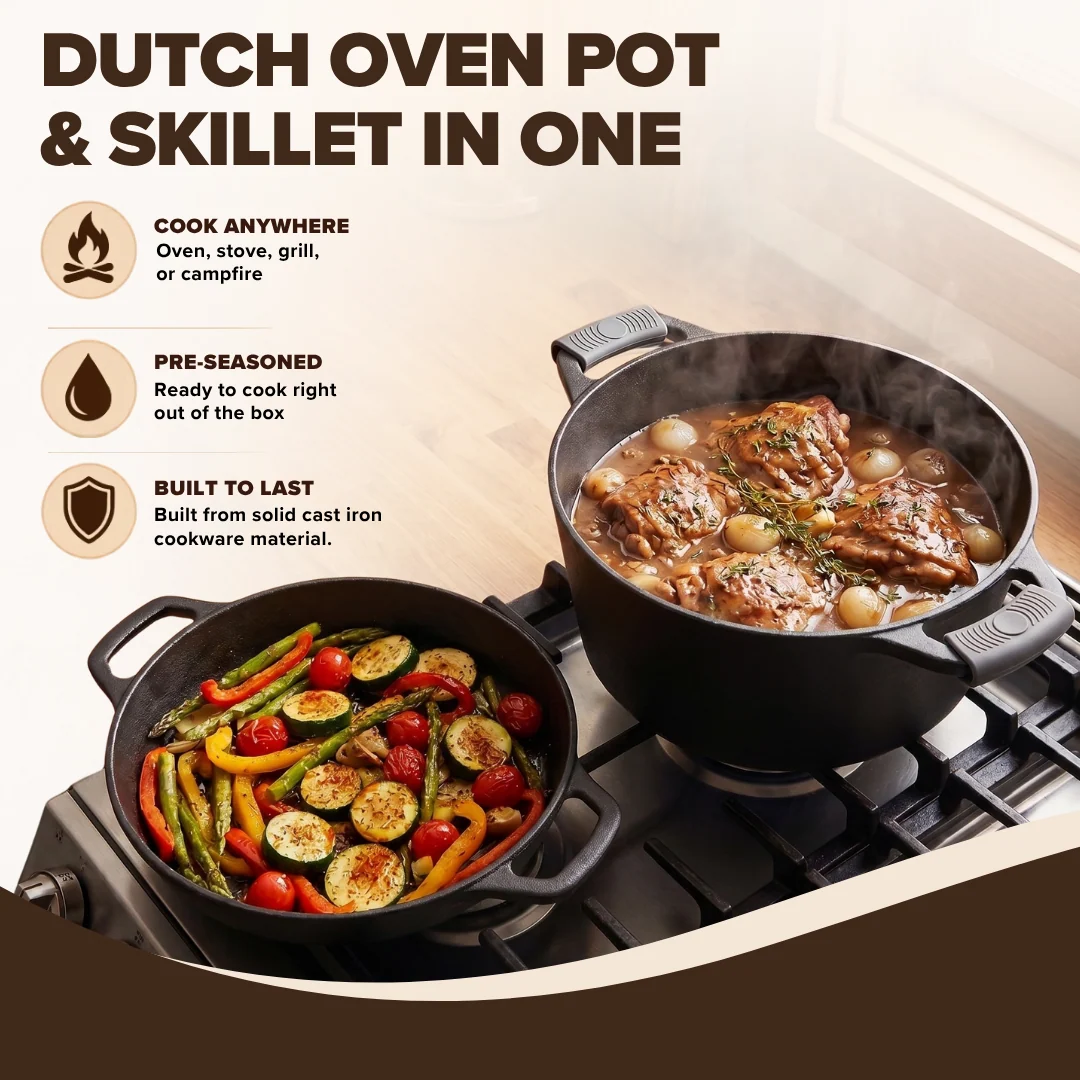 2-in-1 Pre-Seasoned Cast Iron Dutch Oven with Skillet Lid Combo