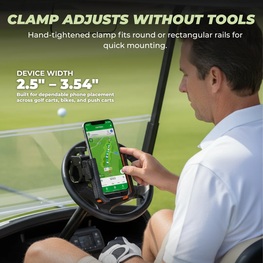 Golf Cart Phone Mount with Adjustable Clamp and 360° Rotation