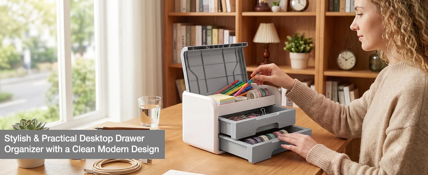 Desktop drawer organizer on a wooden desk, with colorful markers and books in a bright home office setting