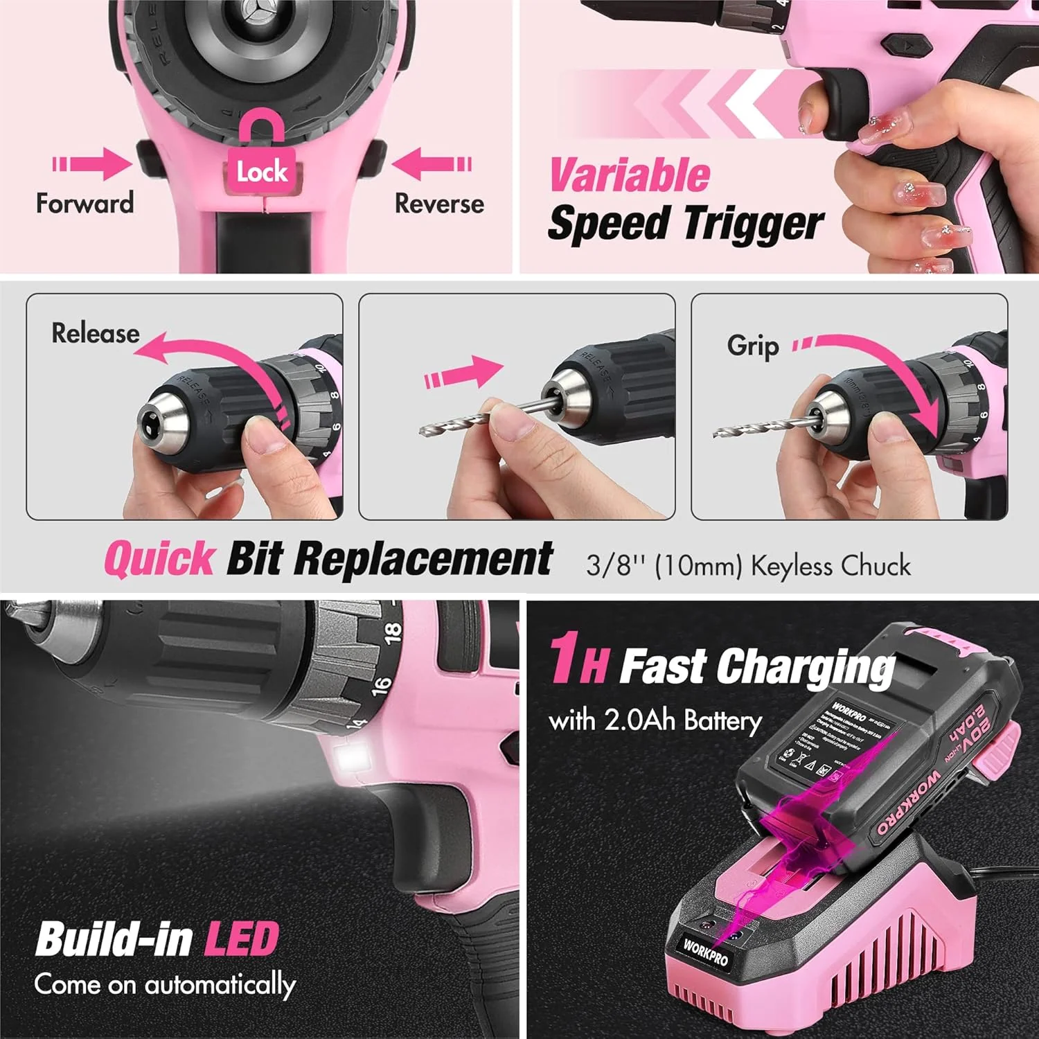 WORKPRO Pink Drill Set with UPGRADED Tool Bag, 157PCS Tool Kit For Home with 20V Cordless Drill Driver, Household Pink Tool Set including Screwdriver, Hammer, Tool Kit for Women and Men - Pink Ribbon - Image 5