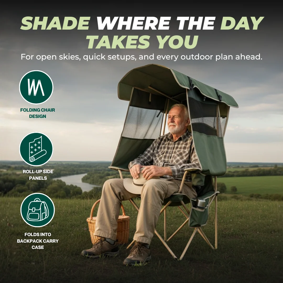 Folding Camping Chair with Adjustable Canopy and Rear Shade Panel