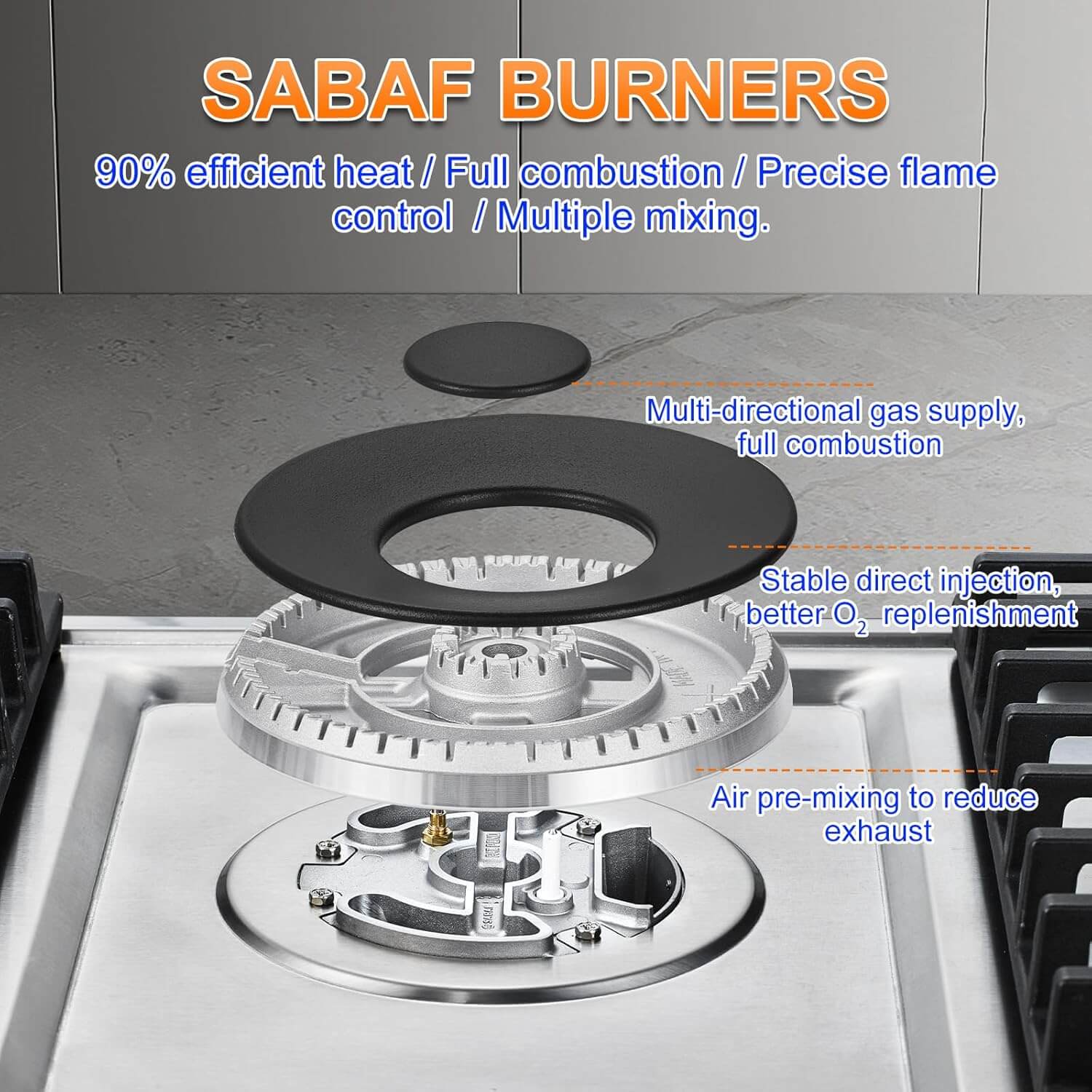 AMZCHEF 30" 36" Gas Cooktop with 5 Made in Italy SABAF Power Burners 3