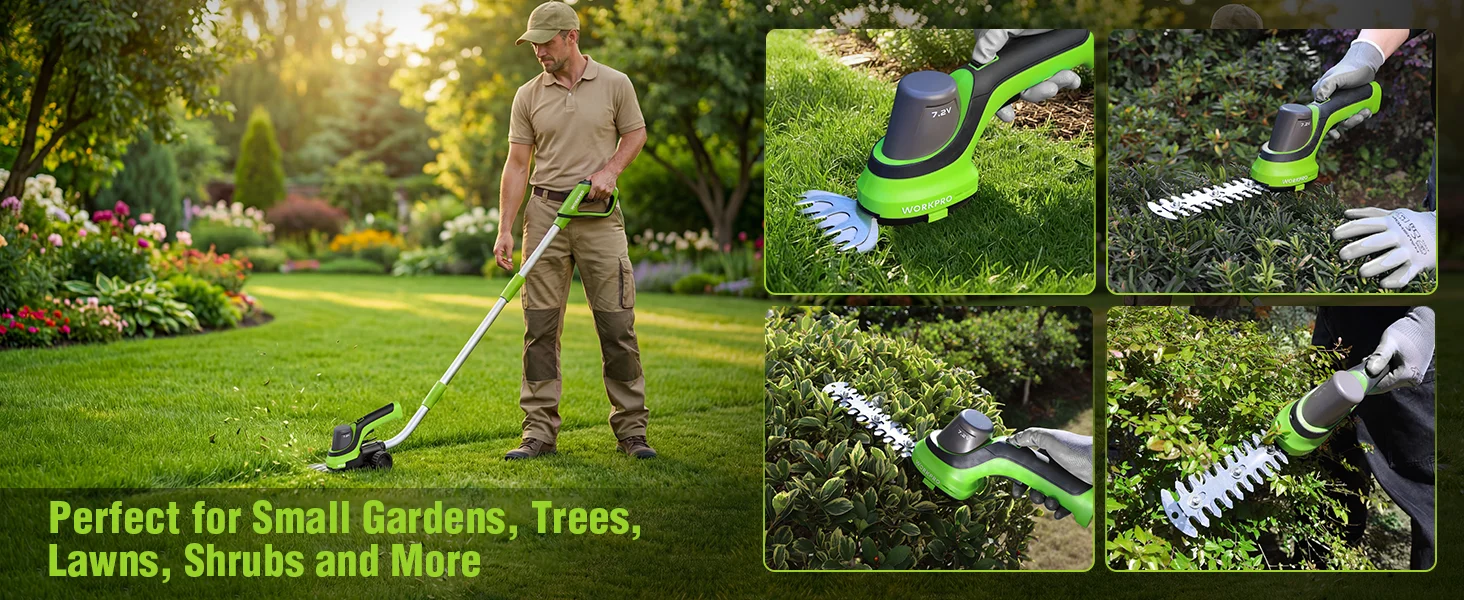 Man using a green electric garden trimmer on lawn grass, with close ups of the cutting head and guard