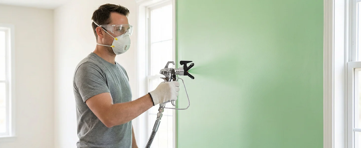 Worker in PPE applying paint with a spray gun on a green wall, innovation and secure quality worksite