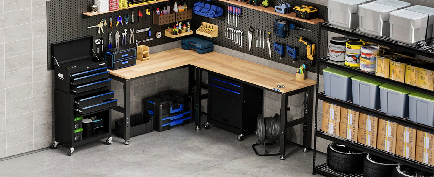 Workbench innovation and quality tools on pegboard shelves, with durable storage bins and secure drawers