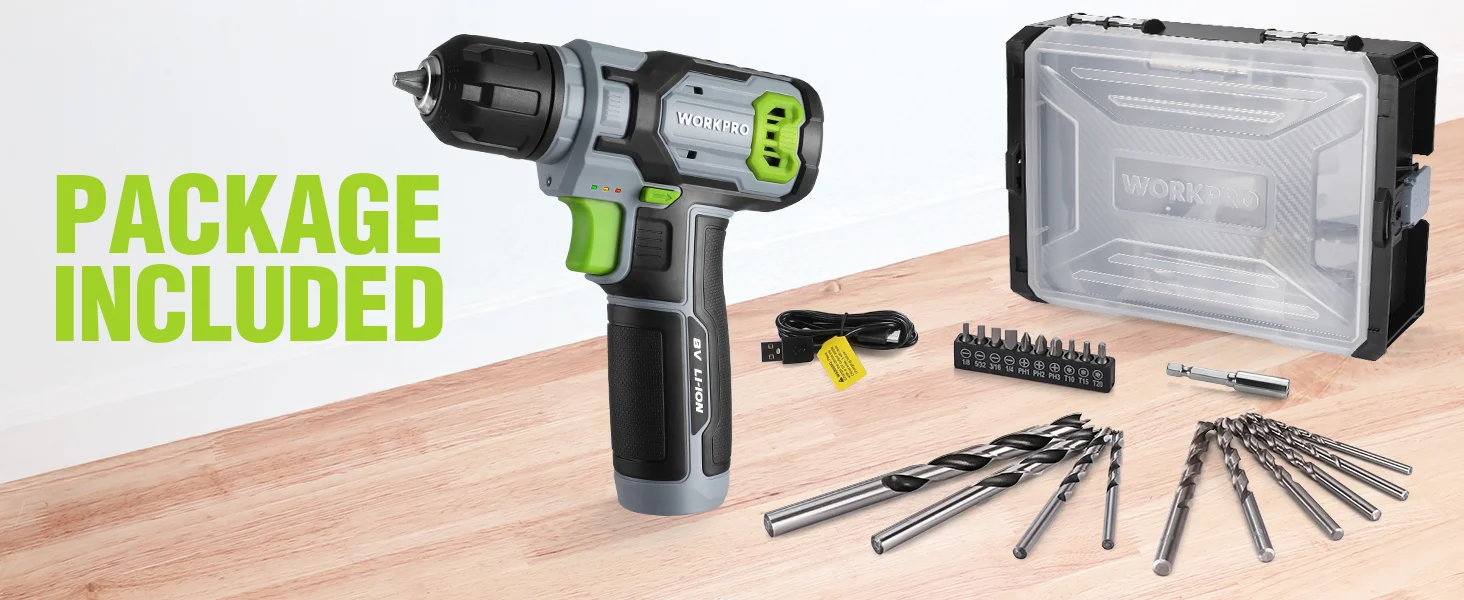Cordless drill kit with bits, screwdriver bits, and a plastic case on a wooden workbench, showing innovation and quality