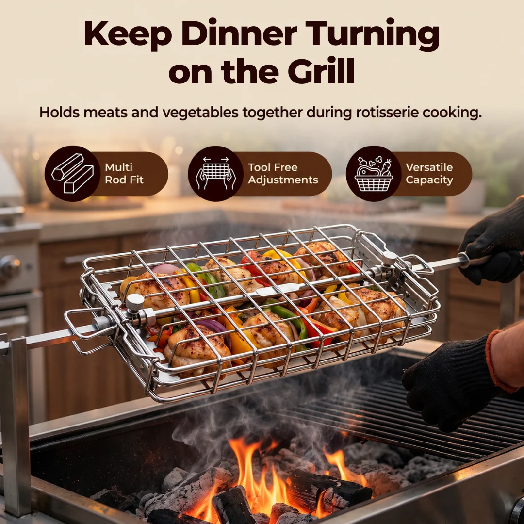 Stainless Steel BBQ Rotisserie Basket Fits Multiple Spit Rod Sizes