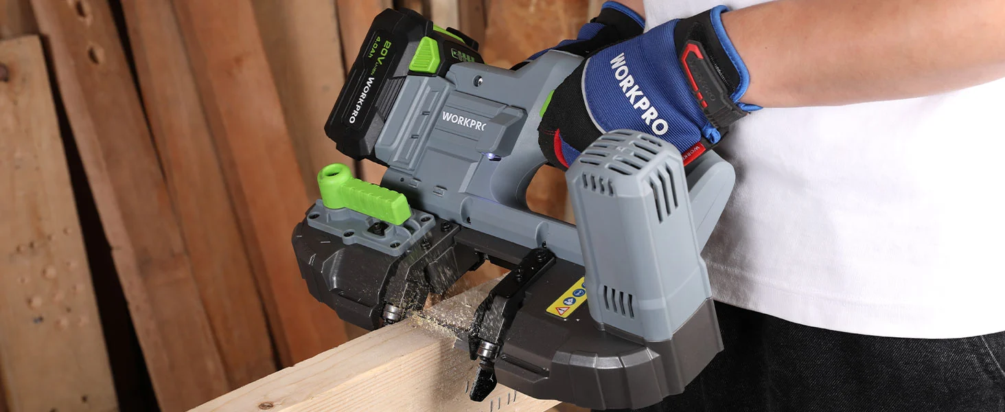 Handheld power tool cutting wood with sparks, wearing Workpro gloves, showing innovation and quality in action