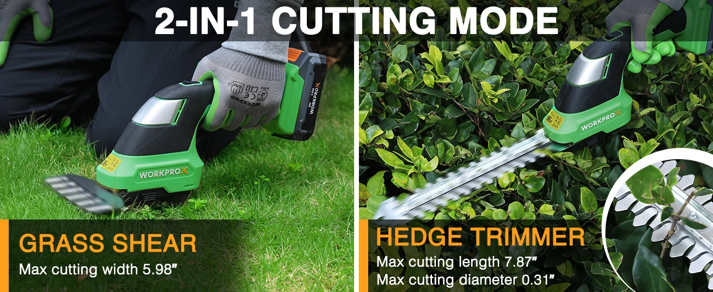 Green grass shear and hedge trimmer in cutting mode, showing innovation, quality, and durable design on grass