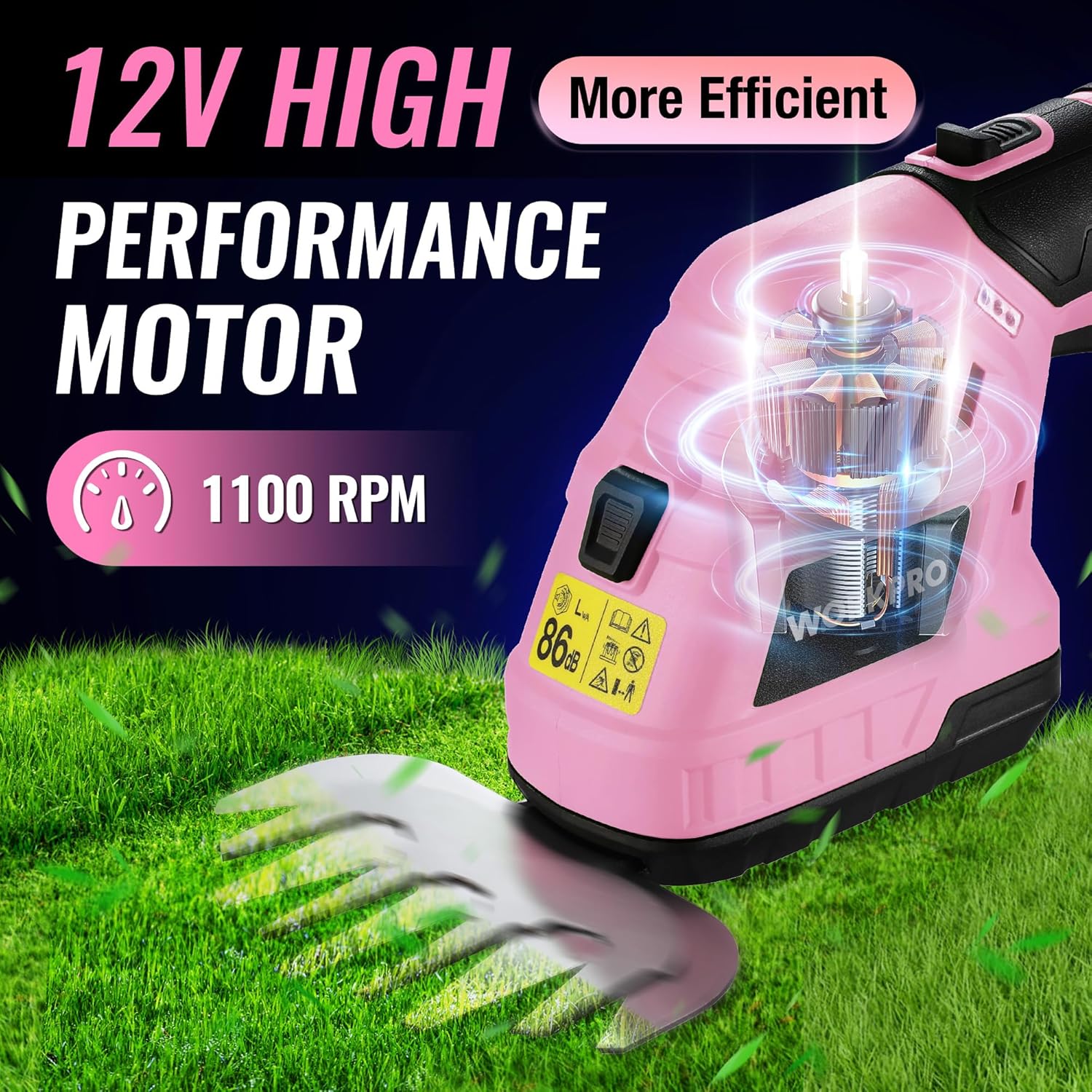 WORKPRO 12V Cordless 2 in 1 Handheld Cordless Grass Shear & Shrubbery Trimmer with 2.0Ah Rechargeable Lithium-Ion Battery &1 Hour Fast Charger - Pink Ribbon - Image 3