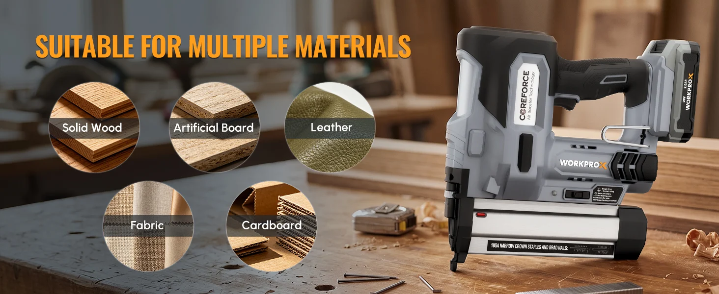Carpentry stapler on a wooden workbench with labels for solid wood, artificial board, leather, fabric, and cardboard