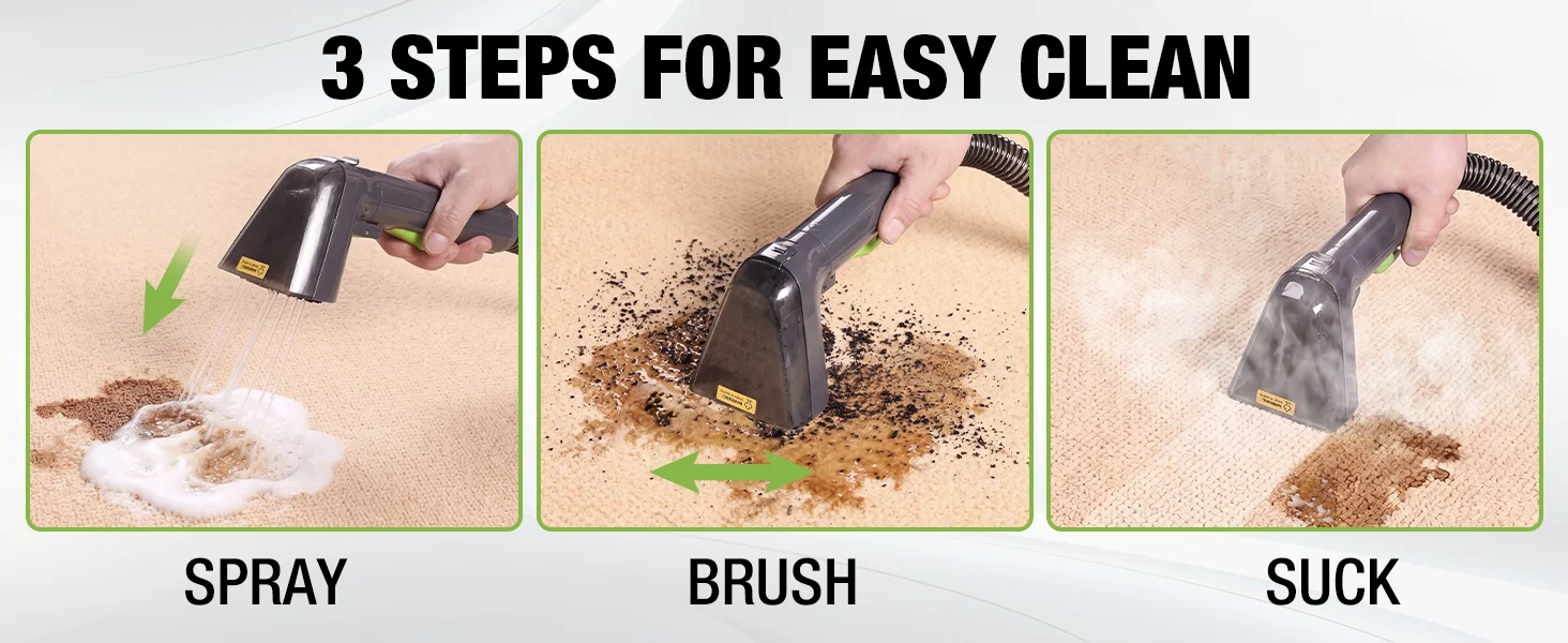 Carpet cleaner steps show spray, brush, and suction with a handheld vacuum on beige carpet, for easy cleaning