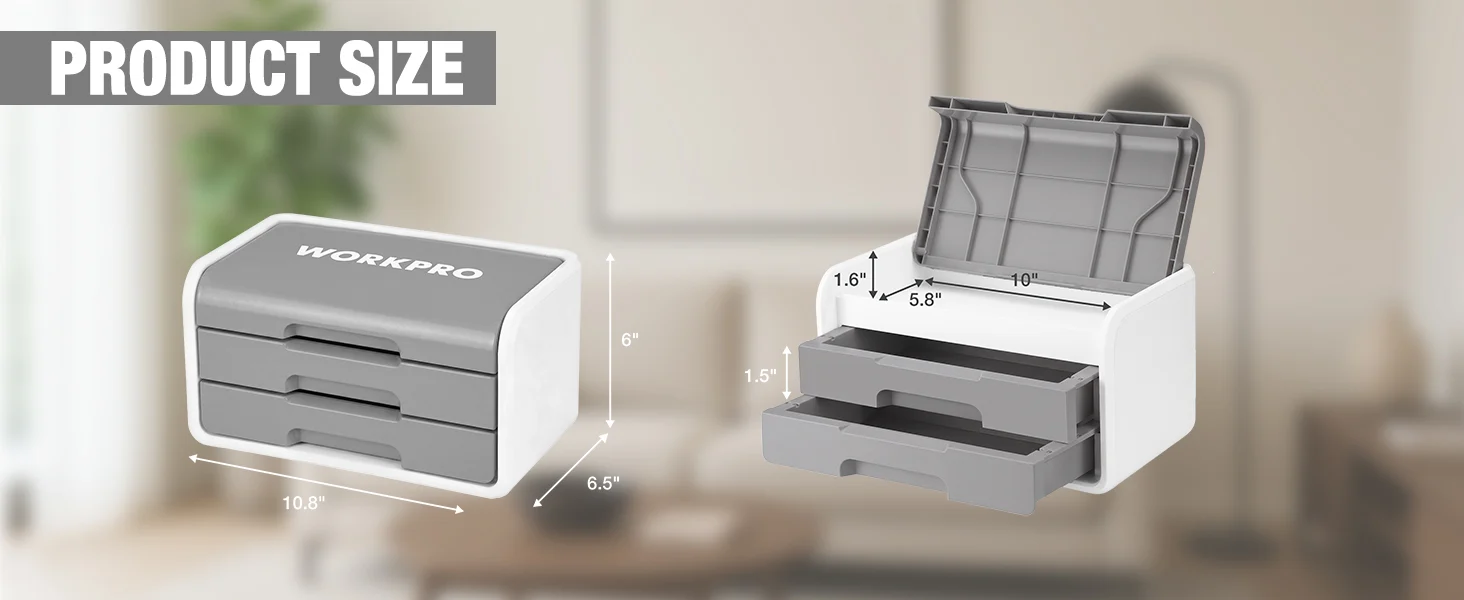 Workpro drawer organizer shown with product size measurements, innovation and quality details on a gray unit