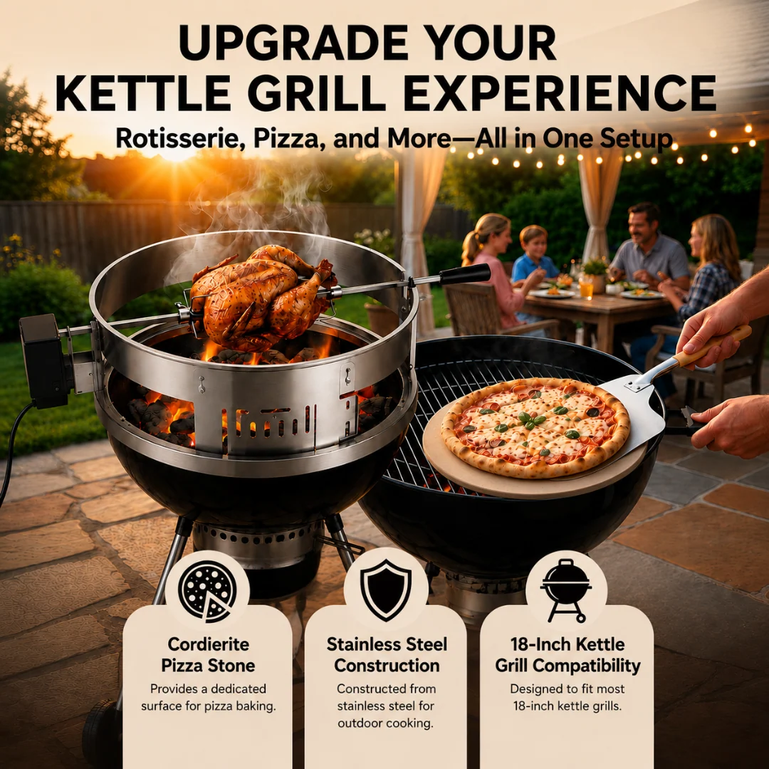 Stainless Steel Rotisserie Pizza Kit for 18 Inch Kettle Grills