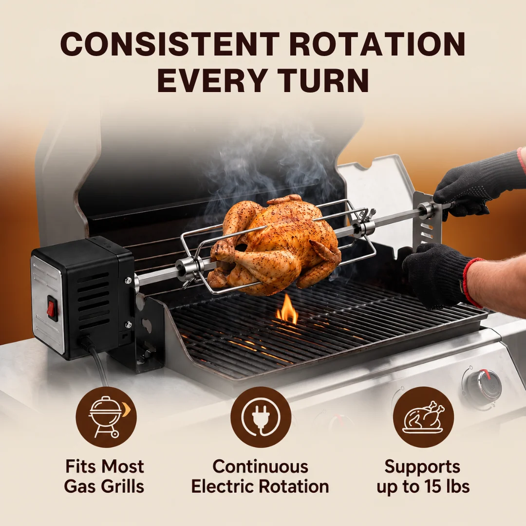 Universal BBQ Grill Rotisserie Kit with 28 Inch Spit Rod & Motor