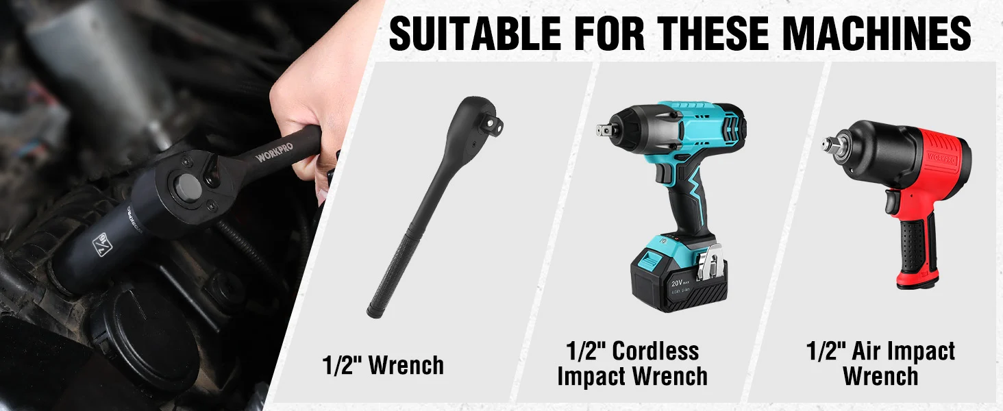 Hand holding a black 1 2 inch wrench tool, with innovation and quality shown on a parts display