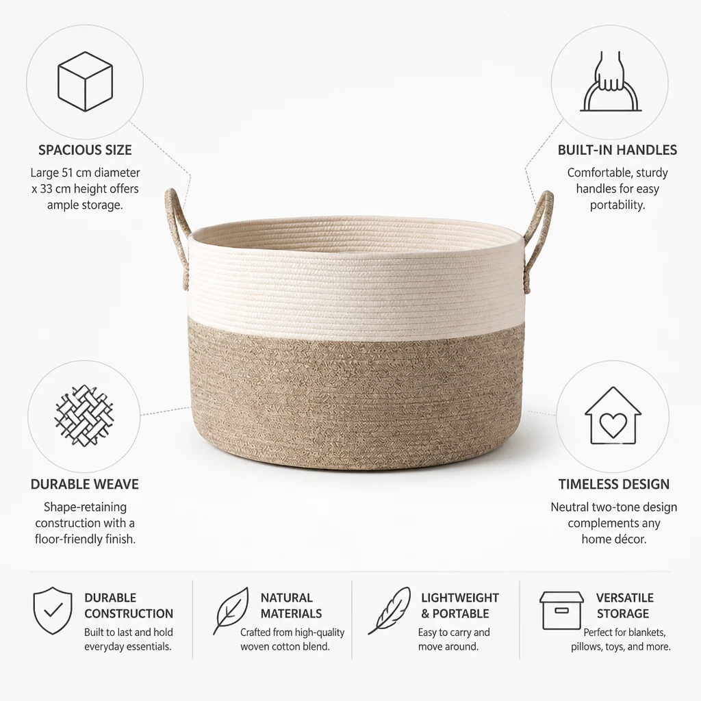 Woven Storage Basket Large Round Two-Tone Built-In Handles - Image 6