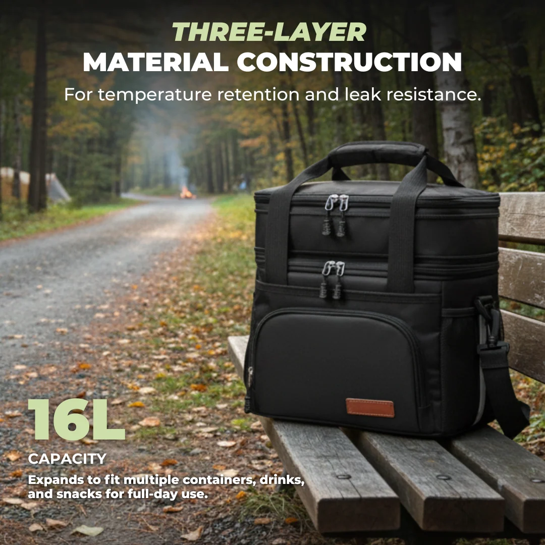16L Insulated Lunch Bag with Two Compartments and Shoulder Strap
