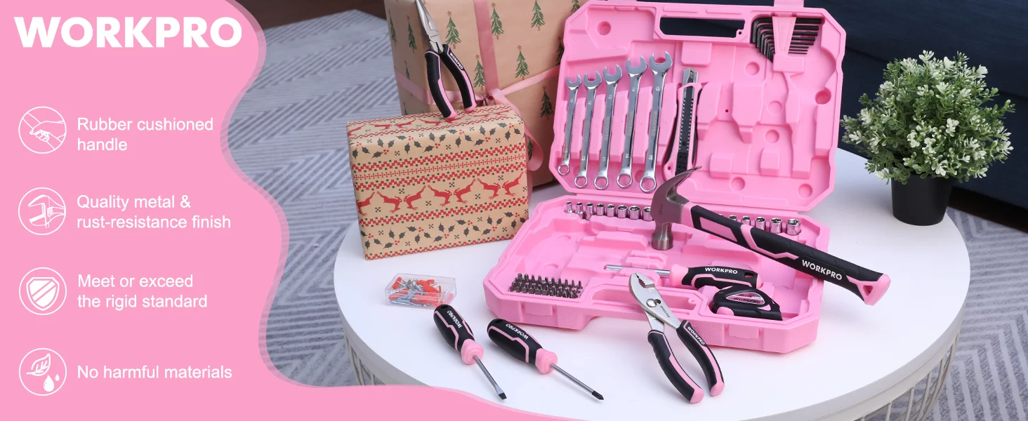 Pink tool kit with wrenches and screwdrivers in a case on a table, showing innovation and quality