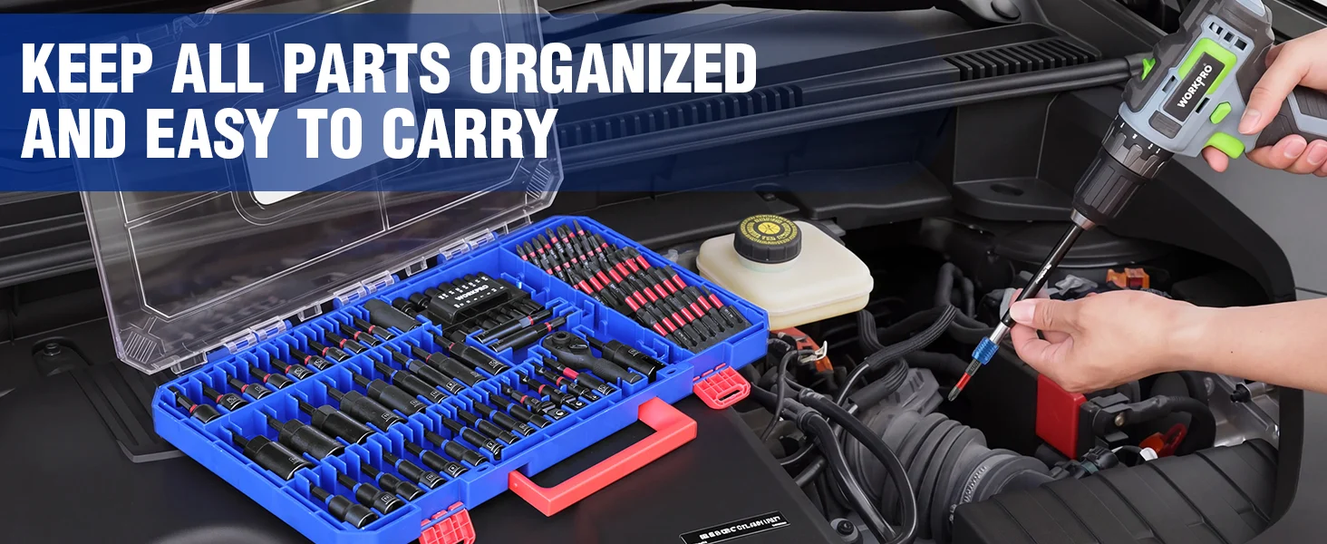 Tool kit in a car engine bay with neatly organized bits and a screwdriver, innovation and quality for secure use