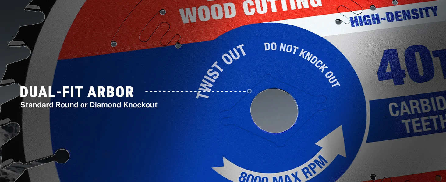 Blue dual fit arbor saw blade with text about wood cutting, high density, and 8000 max RPM